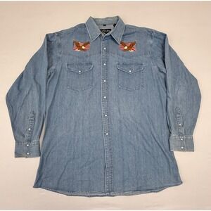 White Horse Denim Shirt Mens XL Eagle American Flag Embroidered Pearl Snaps